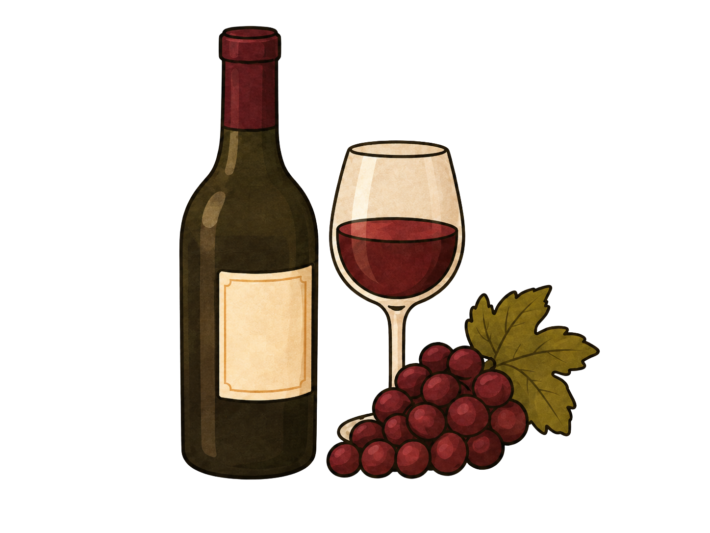 Wine bottle with wine glass and grape cluster