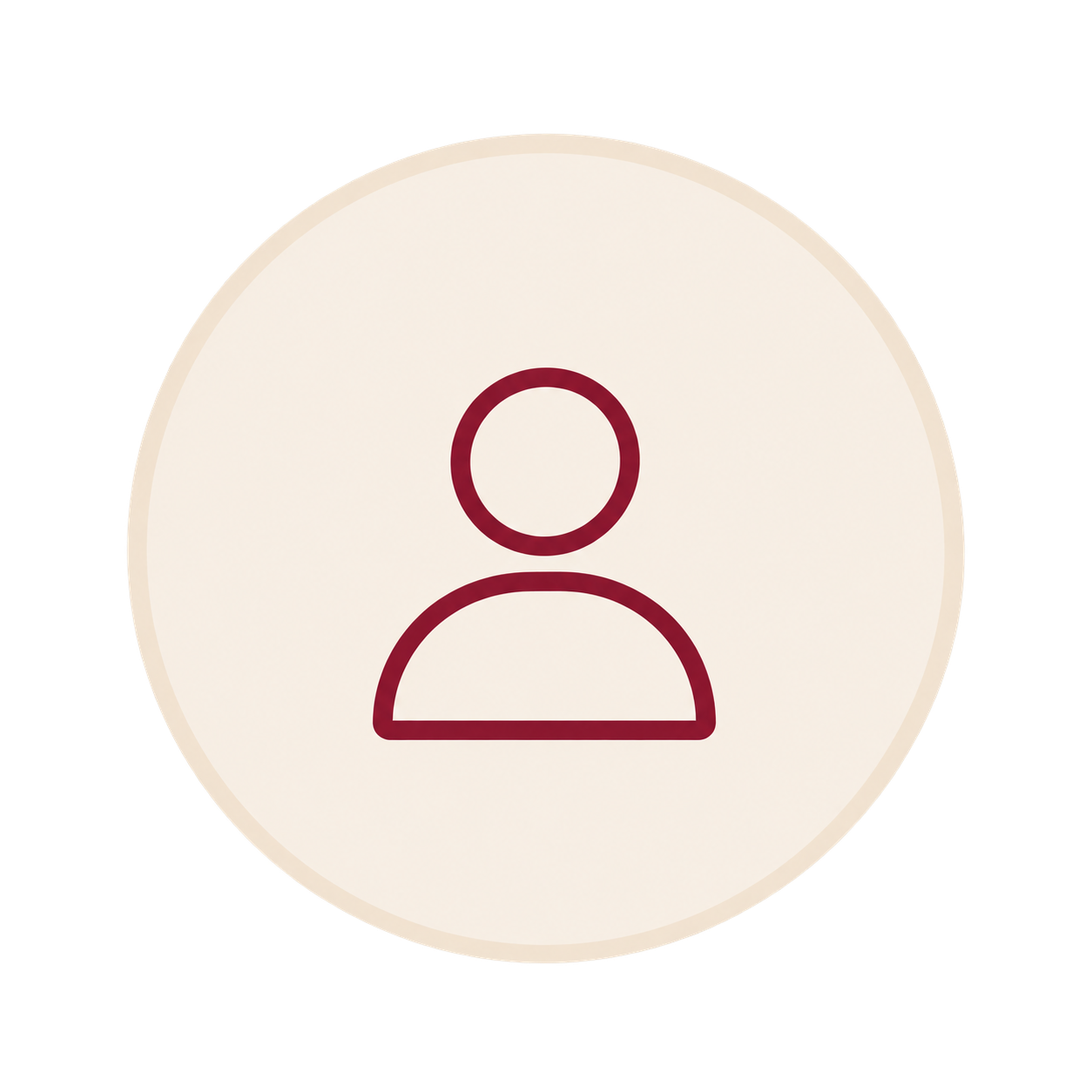 Icon of a person in burgundy outline on a round white background with a beige border.