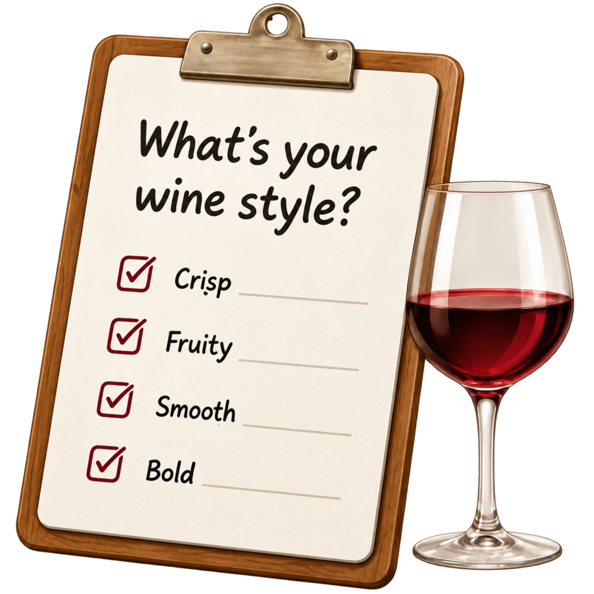 A whiteboard with the question 'What's your wine style?' and checkboxes marked for crisp, fruity, smooth, and bold. A glass of red wine is placed next to the board.