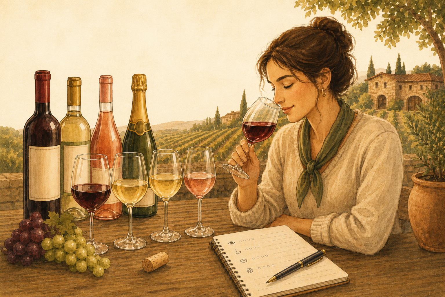 A watercolor-style wine tasting scene with a woman smelling a glass of red wine at a rustic vineyard table, surrounded by red, white, rosé, and sparkling wines, tasting glasses, grapes, and an open wine notes notebook.