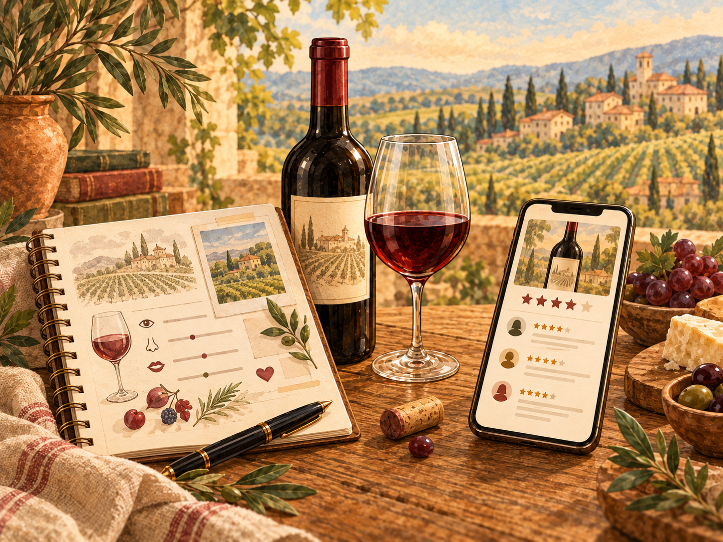 Illustration comparing a personal wine journal with tasting notes to a wine rating app showing community star ratings, alongside a red wine bottle and glass.