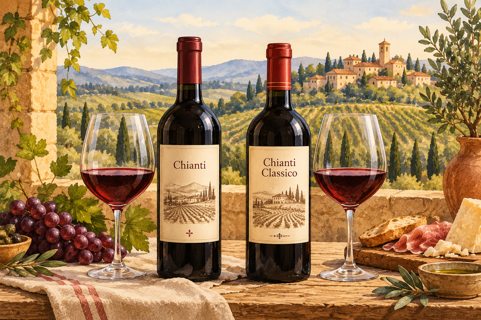 Tuscan Chianti Wine Tasting Scene with a bottle of chianti and chianti classico