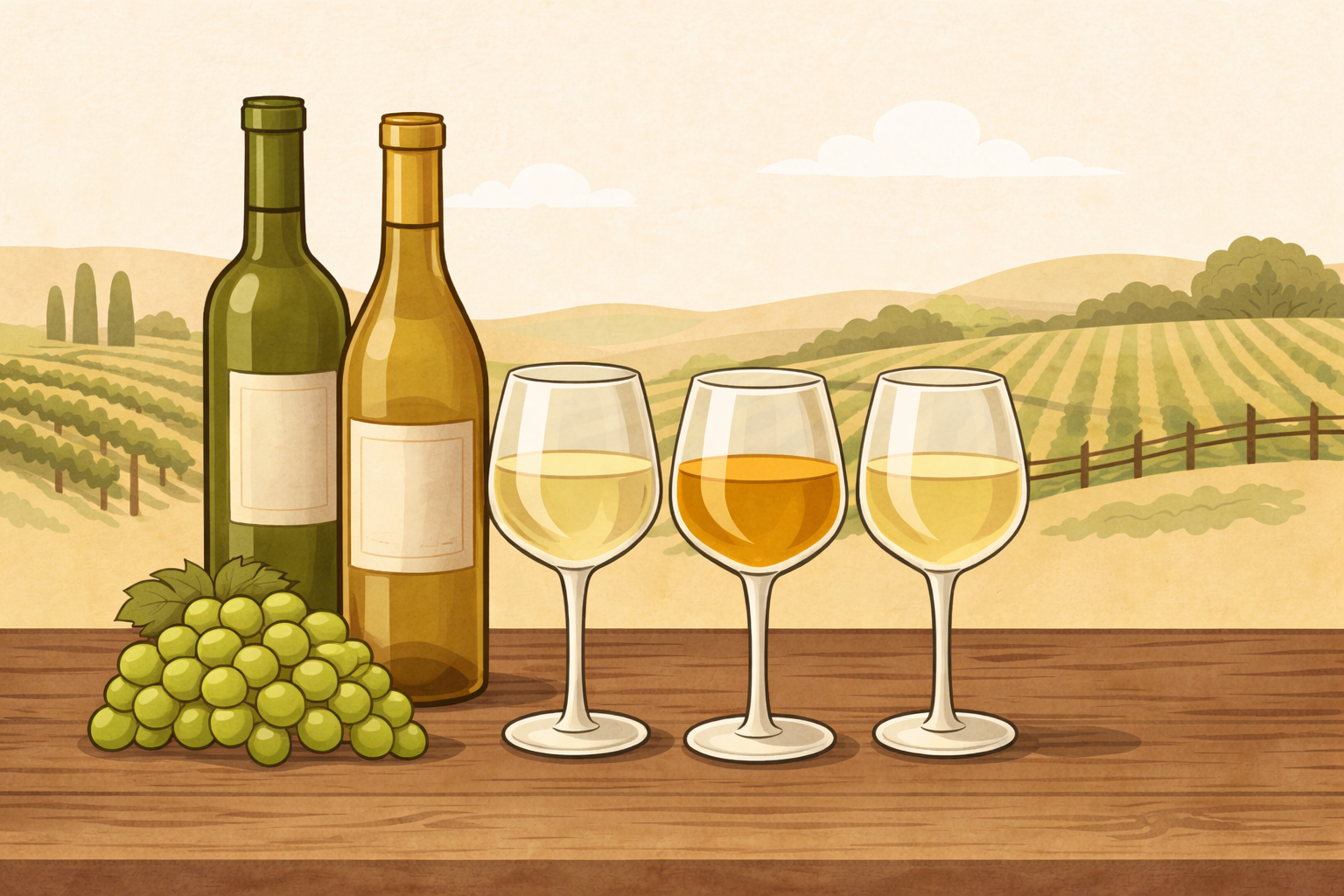 Flat-style illustration of white wine bottles and pale-to-golden glasses on a wooden table with green grapes and rolling vineyard hills in the background.