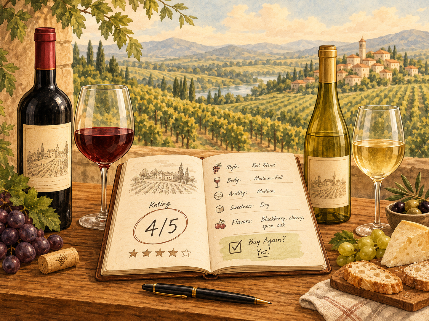 Illustrated wine tasting journal showing a 4 out of 5 rating, tasting notes and a “Buy Again?” checkbox, surrounded by wine bottles, glasses and grapes overlooking a sunlit vineyard.