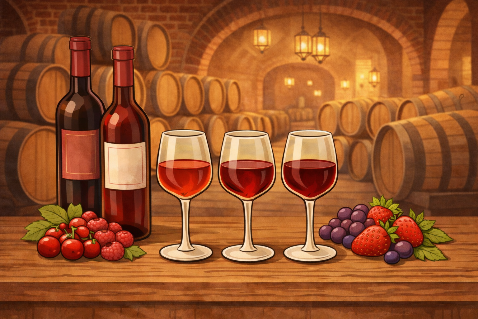 Flat illustration of two red wine bottles and three glasses of lighter red wine on a wooden table, with cherries, raspberries, strawberries, and grapes against a clean neutral background.