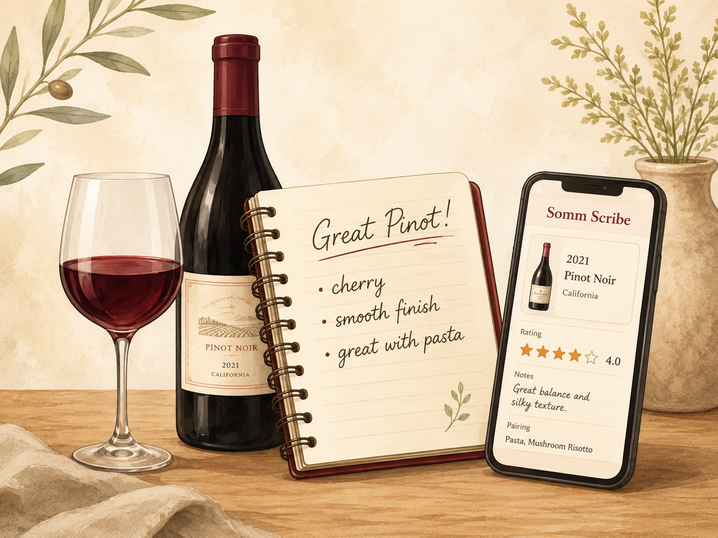 Wine Bottle with glass and notebook with notes about the wine