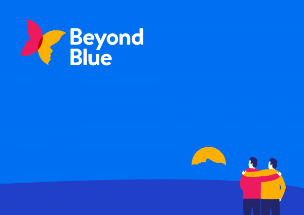 Illustration with two people embracing, gazing at a sunset. A red and yellow butterfly logo with text "Beyond Blue" is featured in the upper left corner against a blue background.