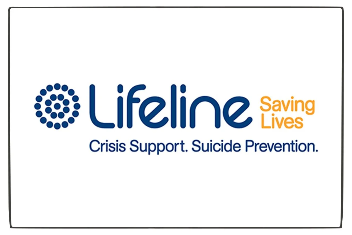 Lifeline logo with text 'Saving Lives, Crisis Support, Suicide Prevention', featuring a circular pattern of dots.