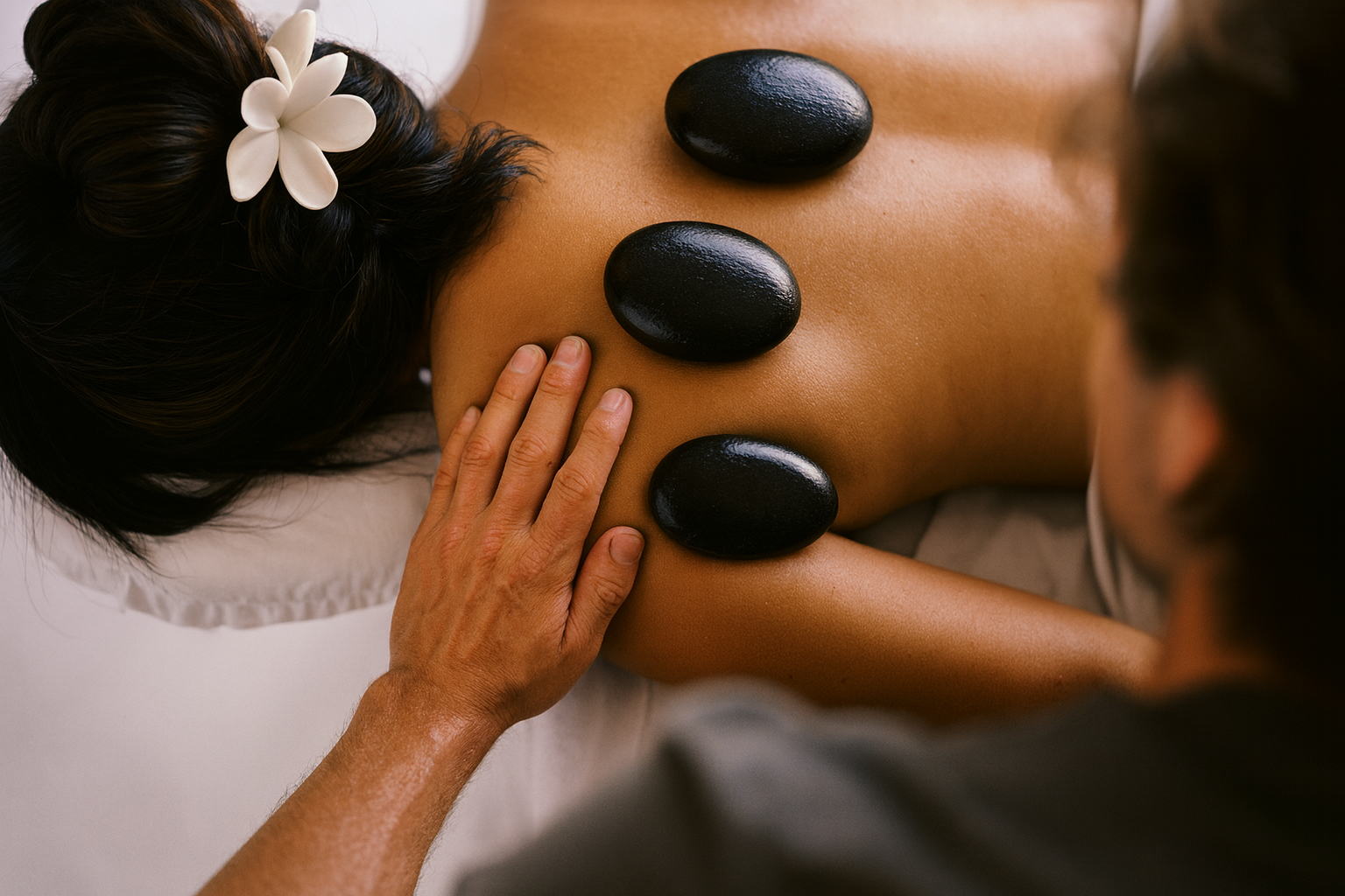 A woman with a white flower in her hair receiving a hot stone massage on her back from a massage therapist.