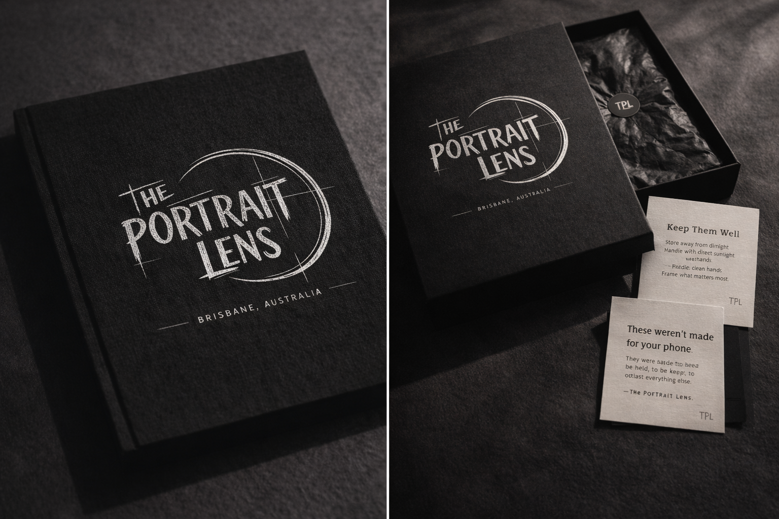 Black packaging box with the logo and text "The Portrait Lens" and "Brisbane, Australia"; the box is open with tissue paper and small cards with care instructions and messages.