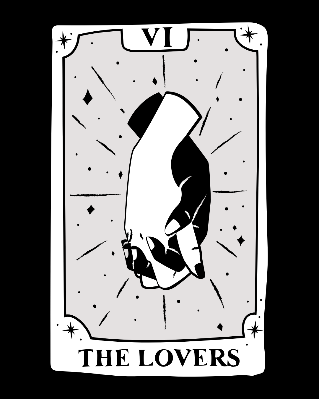 Black and white illustration of a hand holding a pair of dice, surrounded by stars and sparkles, with the Roman numeral 'VI' at the top and the caption 'The Lovers' at the bottom.