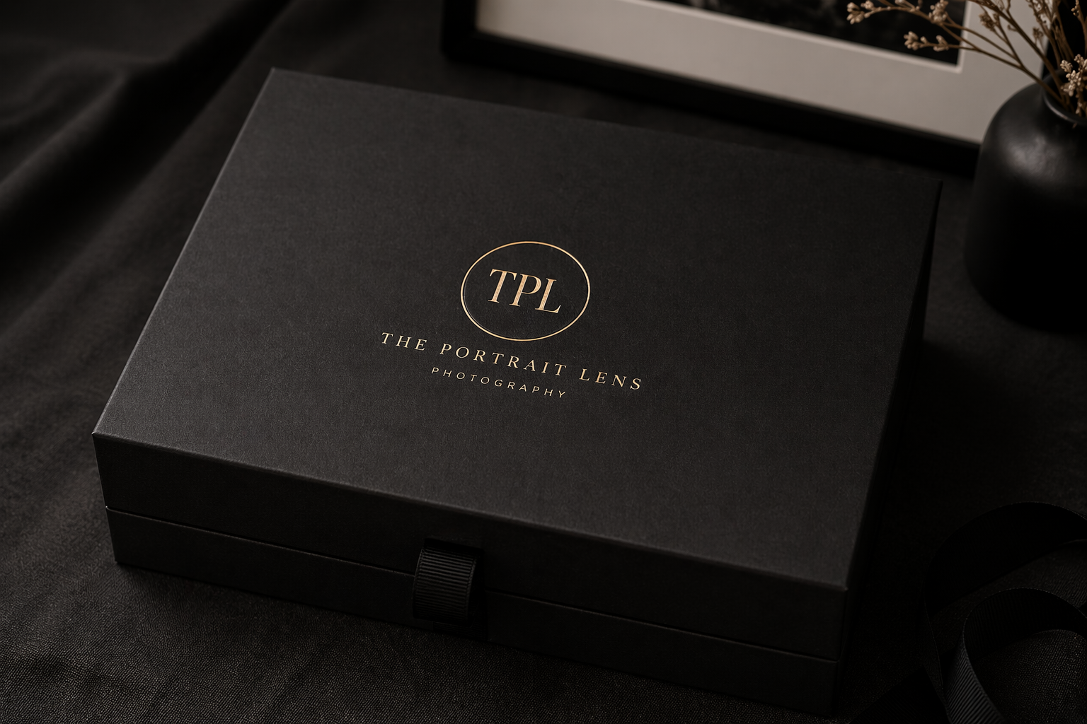 A black box with gold lettering that says 'TPL, The Portrait Lens Photography' on top, placed on a black fabric surface with a black vase and dried flowers in the background.