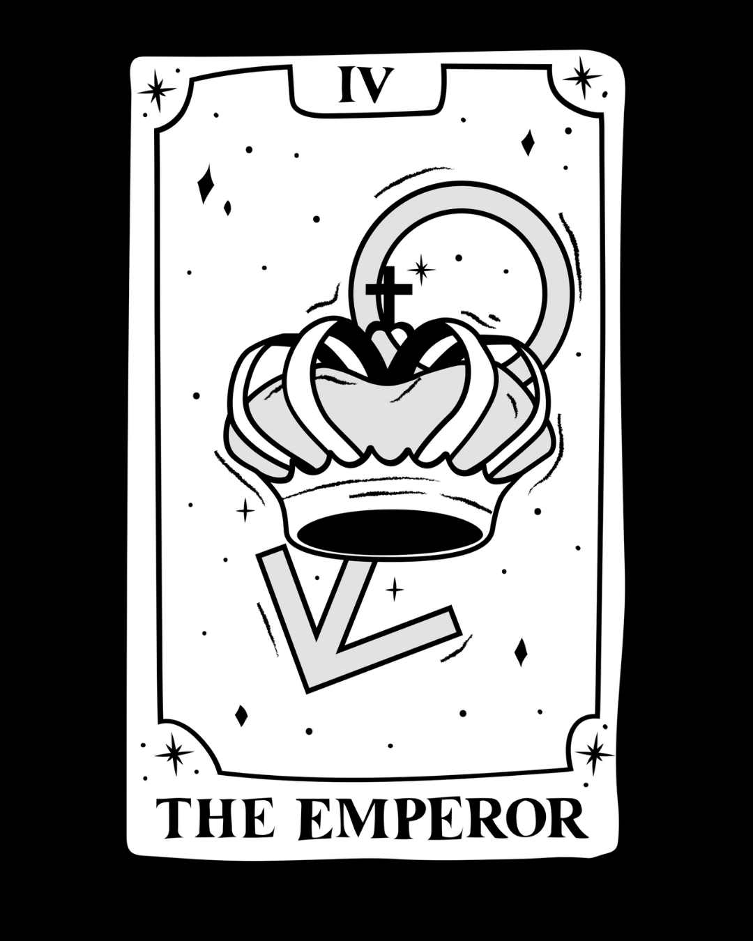 A tarot card titled "The Emperor" with a crown, a moon in the background, and the Roman numeral IV at the top.