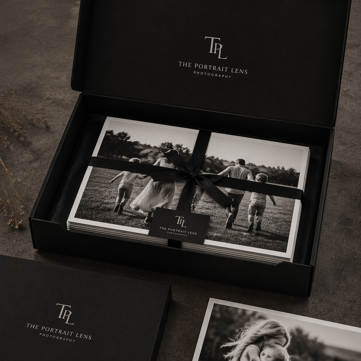 Open black box containing black and white photography prints tied with a black ribbon for The Portrait Lens Photography, with additional prints on the surface.
