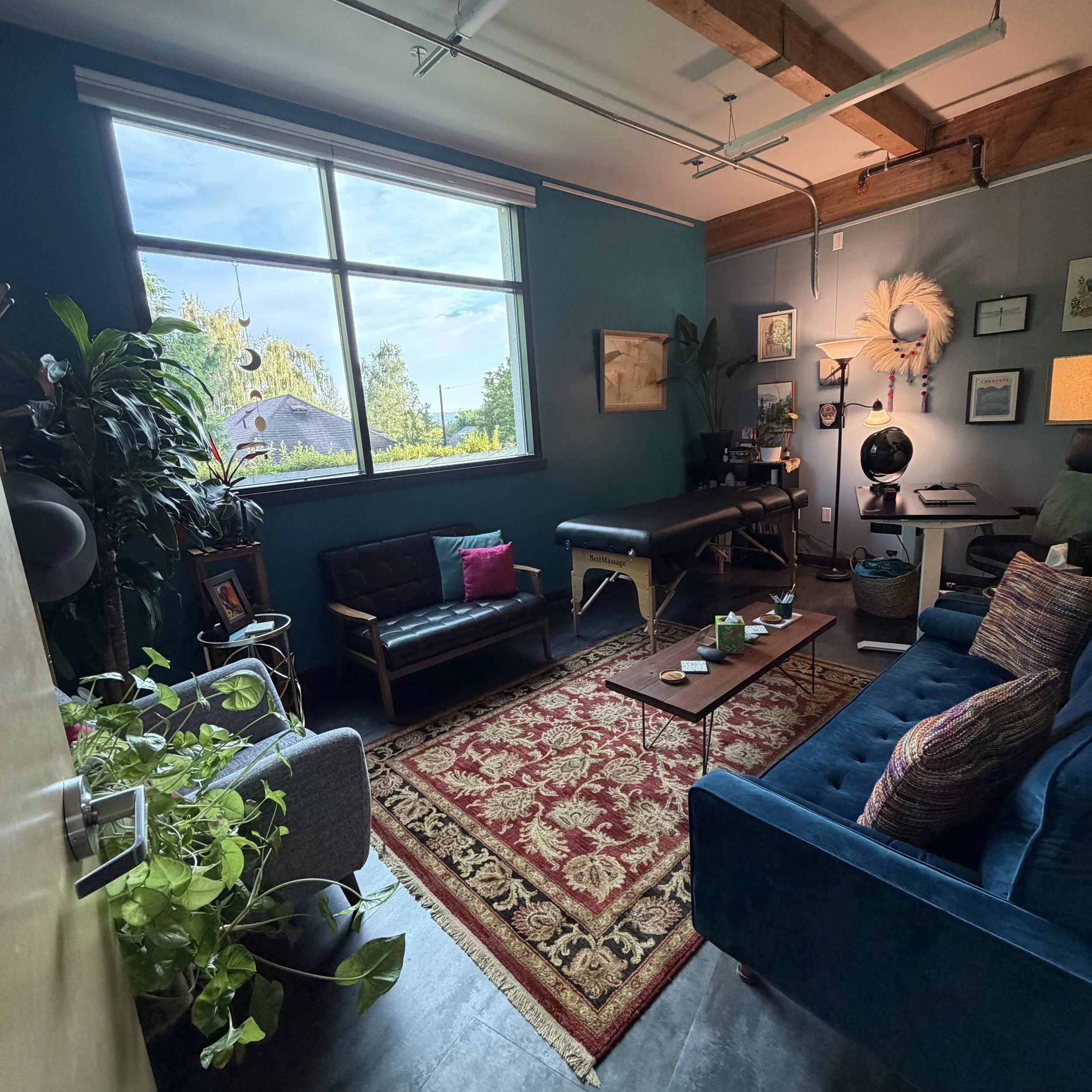 View from door entrance with Reiki table up. 