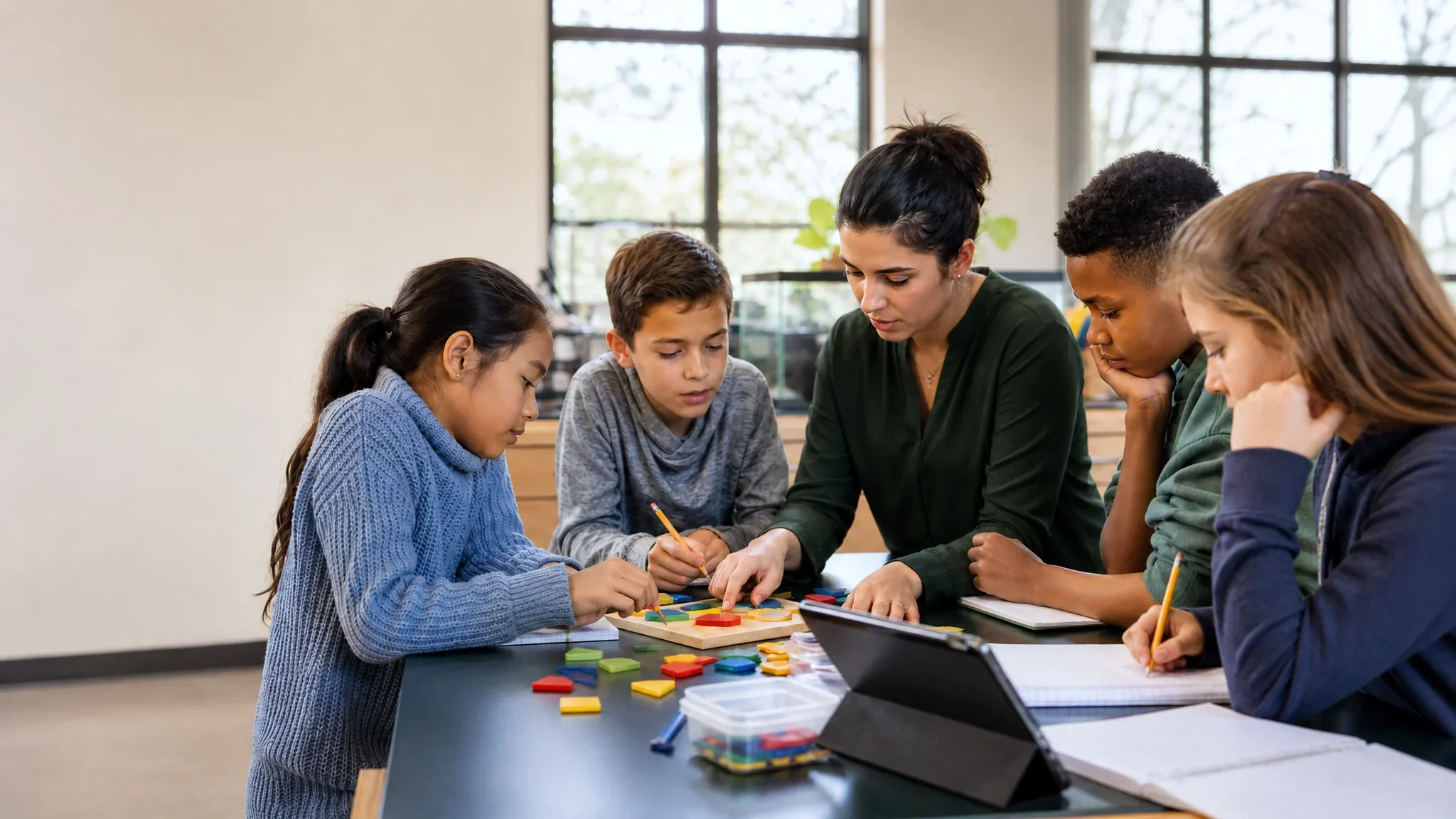 Female teacher guiding four students ages 9-12 in a collaborative STEM lesson using colorful pattern blocks, a geometric puzzle board, notebooks, and a tablet in a bright classroom with natural window light.