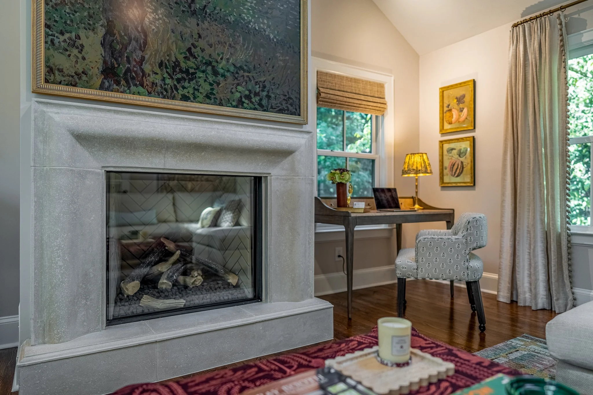 cast stone fireplace with Samsung frame tv, home office