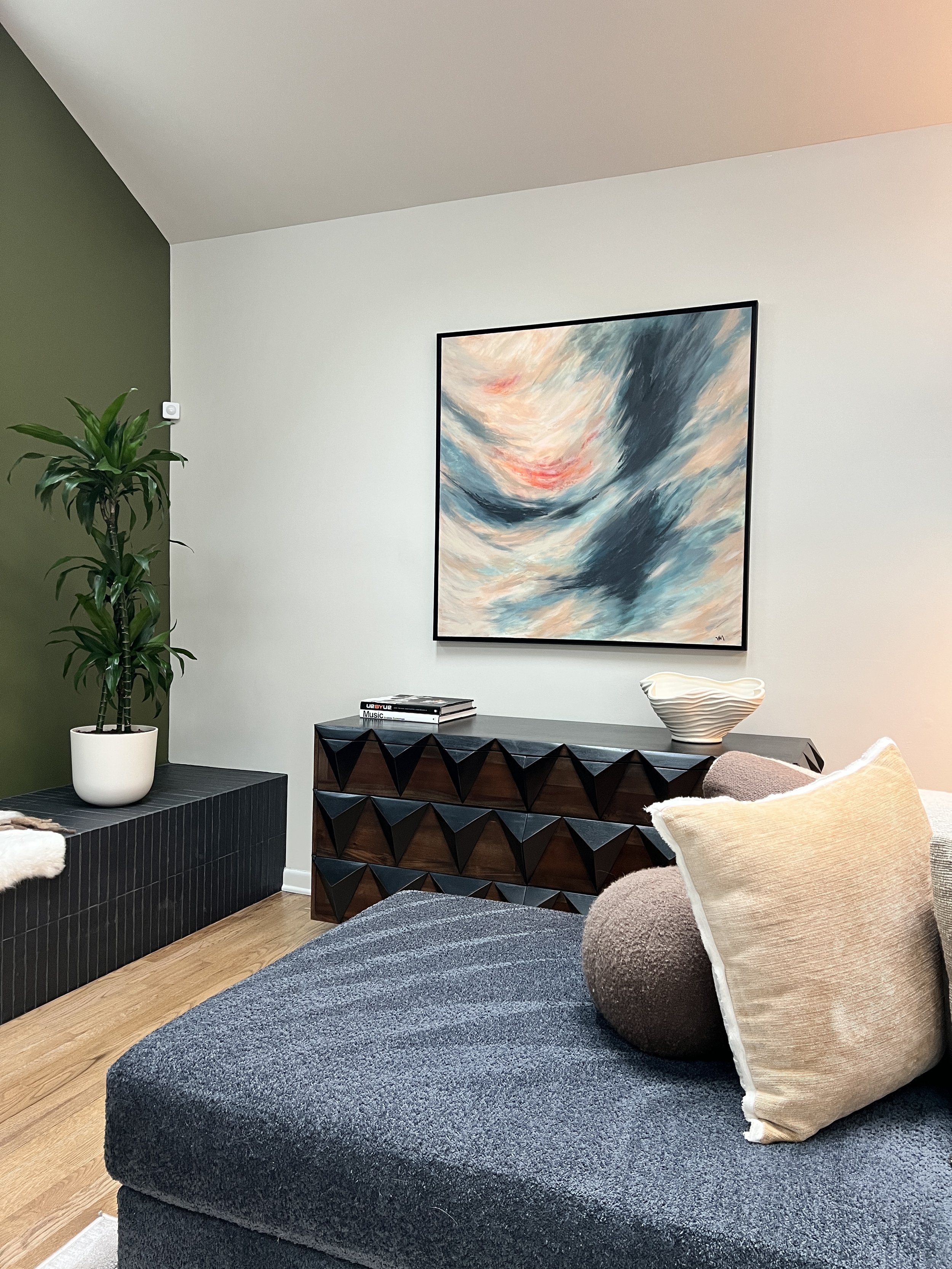 unique-sideboard-abstract-art-black-sofa-charlotte-interior-design