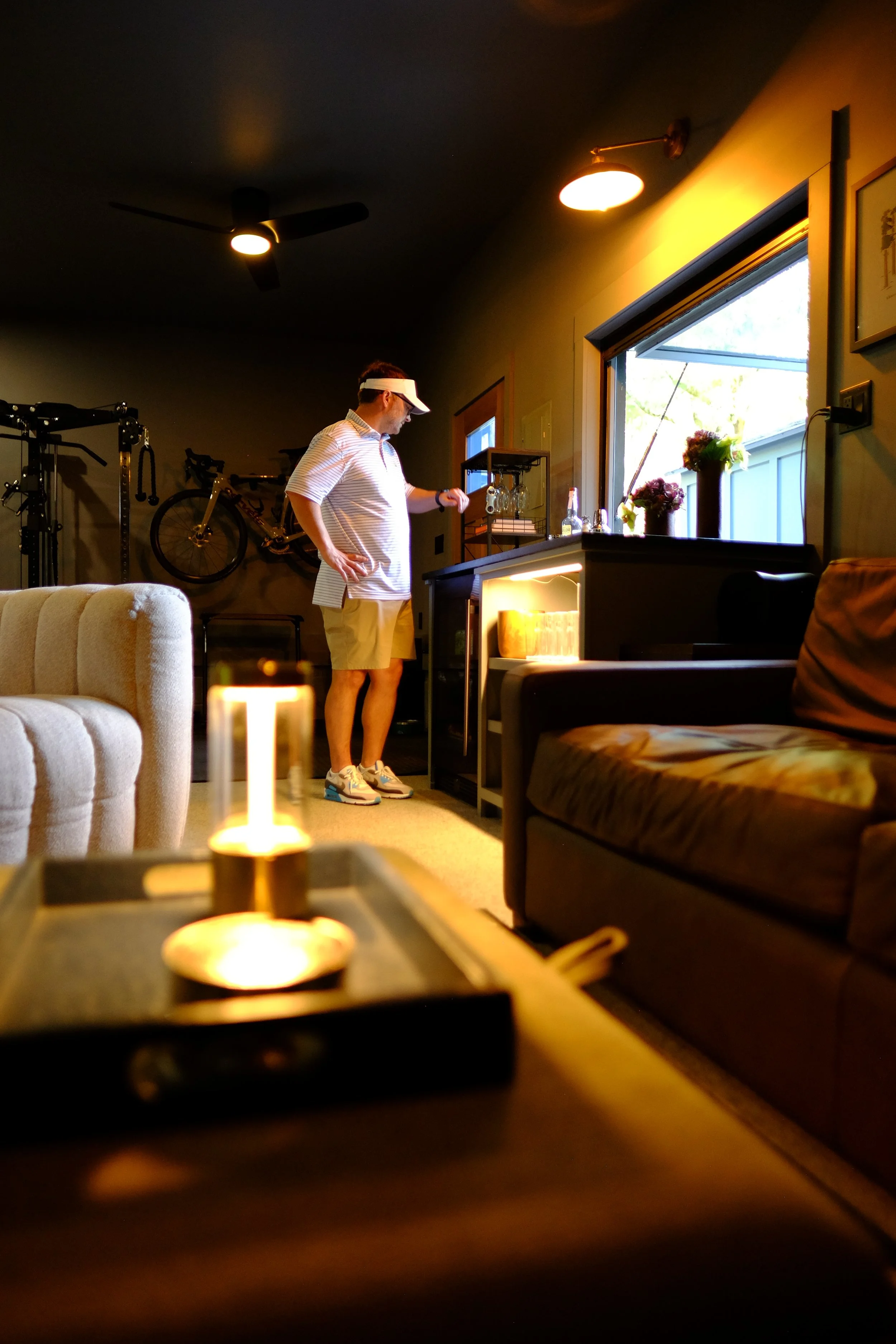 open bar and gym in the garage