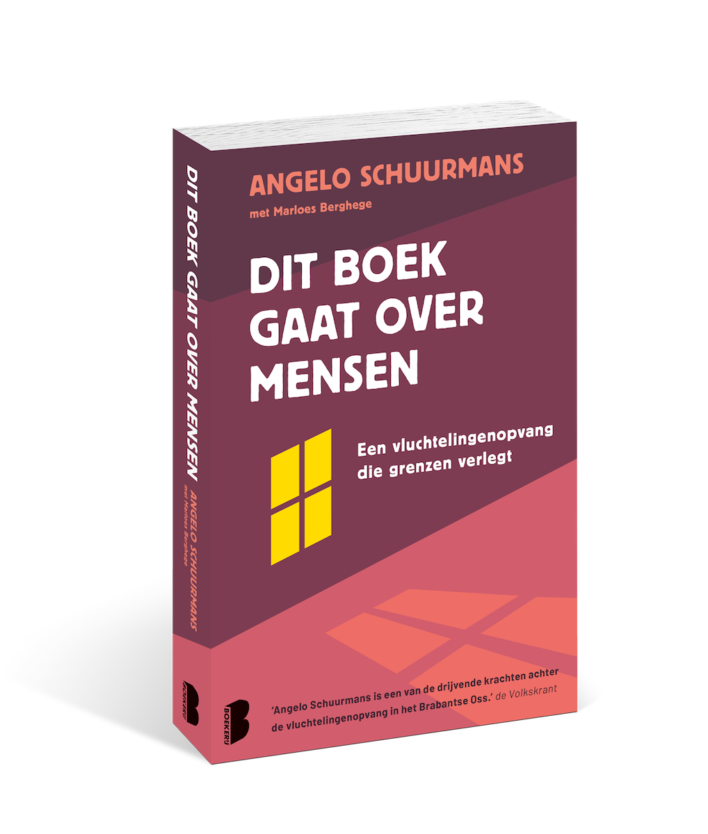 Een boekhoes met de titel "Dit boek gaat over mensen" geschreven door Angelo Schuurmans, met Marloes Berghege.