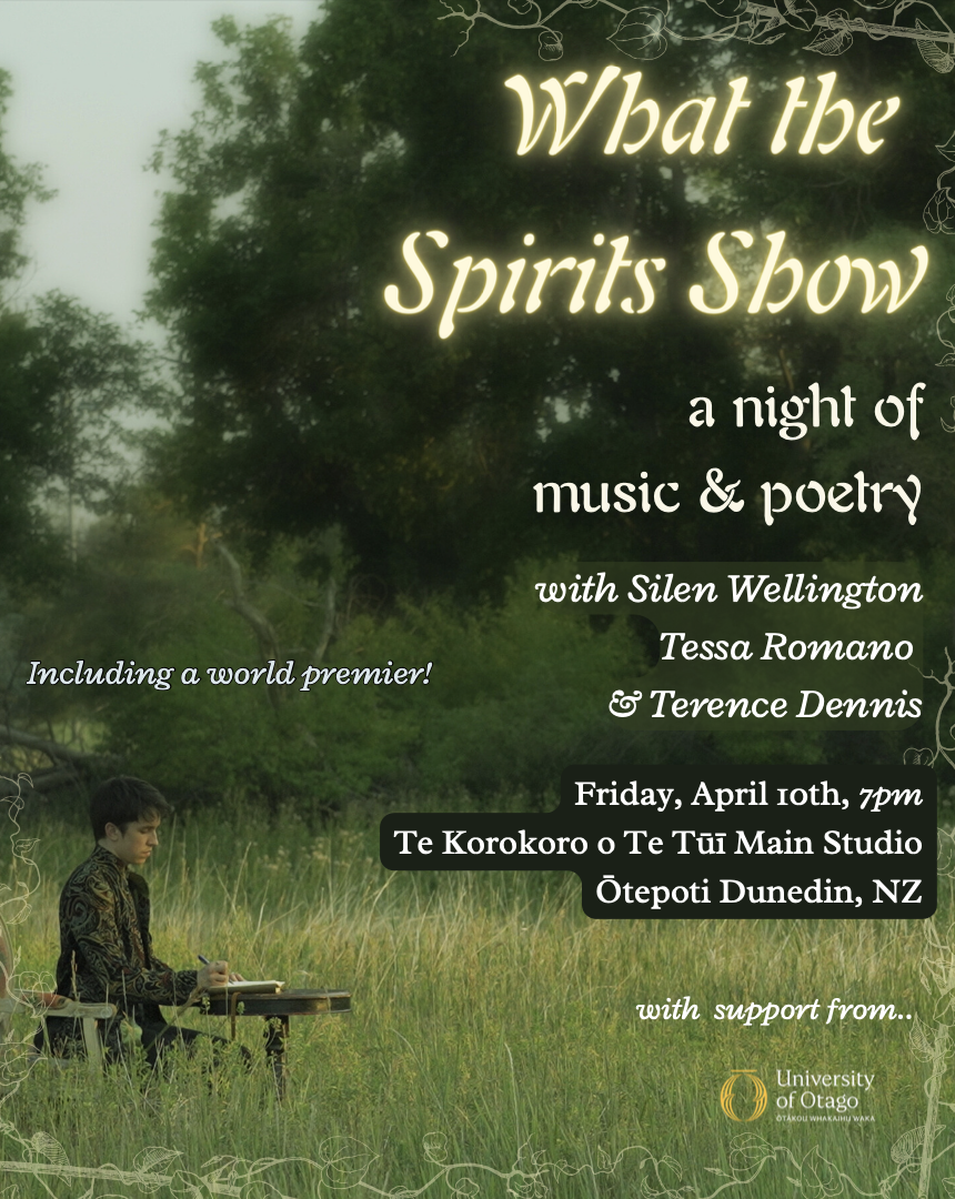 A distant figure sits at a desk writing in a field of tall grass surrounded by fluffy trees.