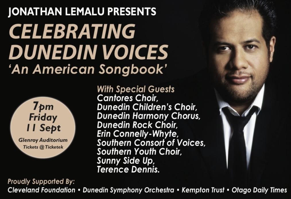 A photo of Jonathan Lemalu with black background and text stating "Jonathan Lemalu Presents Celebrating Dunedin Voices: An American Songbook"