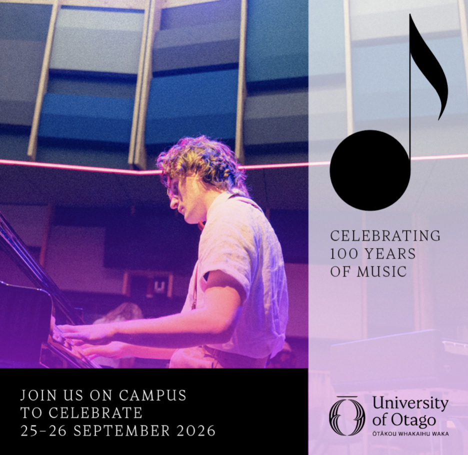 Student playing piano with a blue studio background next to a music note