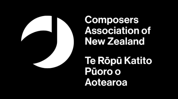 Composers Association of New Zealand, Te Rōpū Katito Pūoro o Aotearoa spelled in white bold text with a plain black background and an artful note logo to the left