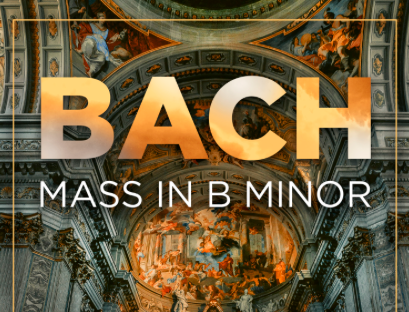 Bach's Mass in B Minor layed over an image of a Renaissance-style cathedral ceiling