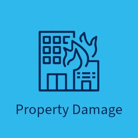 Icon of a building on fire with the words Property Damage underneath.