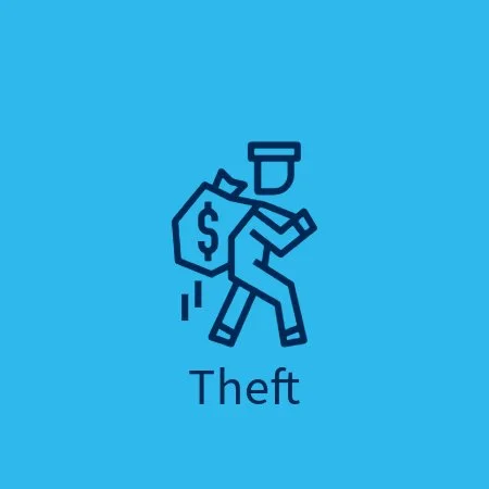 Outline drawing of a person with a bag of money, labeled 'Theft'.