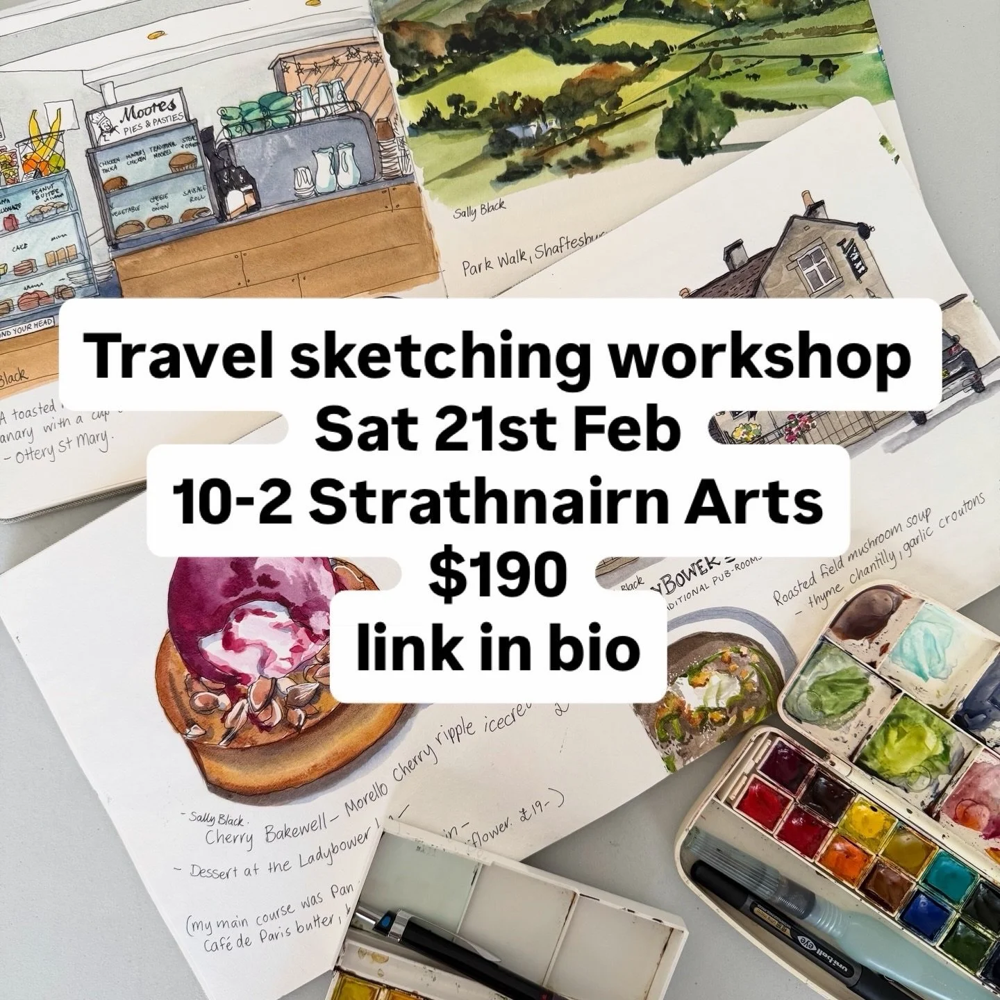 Going on a holiday?⁣
⁣
✈️🚢😎⁣
⁣
Want to capture your memories in a sketchbook?⁣
⁣
🎨🖌️📖⁣
⁣
I can show you how I do it ! ⁣
⁣
😍⁣
⁣
Travel Sketching workshop ⁣
⁣
Saturday 21st February ⁣
⁣
Strathnairn Arts 10-2⁣
⁣
All materials supplied ⁣
⁣
$190⁣
⁣

