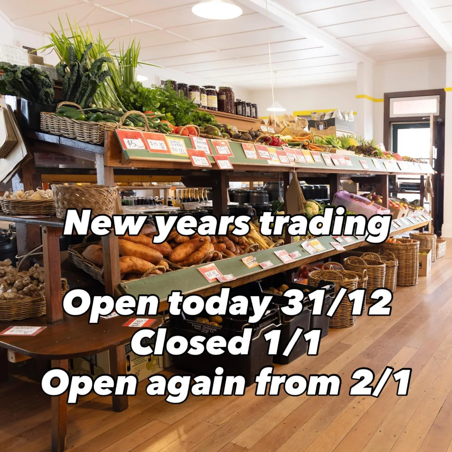 We are open today until 5pm, for you to come and stock up for your New Year&rsquo;s Day. 
We are closed on the 1st for the public holiday 
Normal trading hours resume on Friday the 2nd of January 

Happy new year from all of us at Candelo Bulk Wholef
