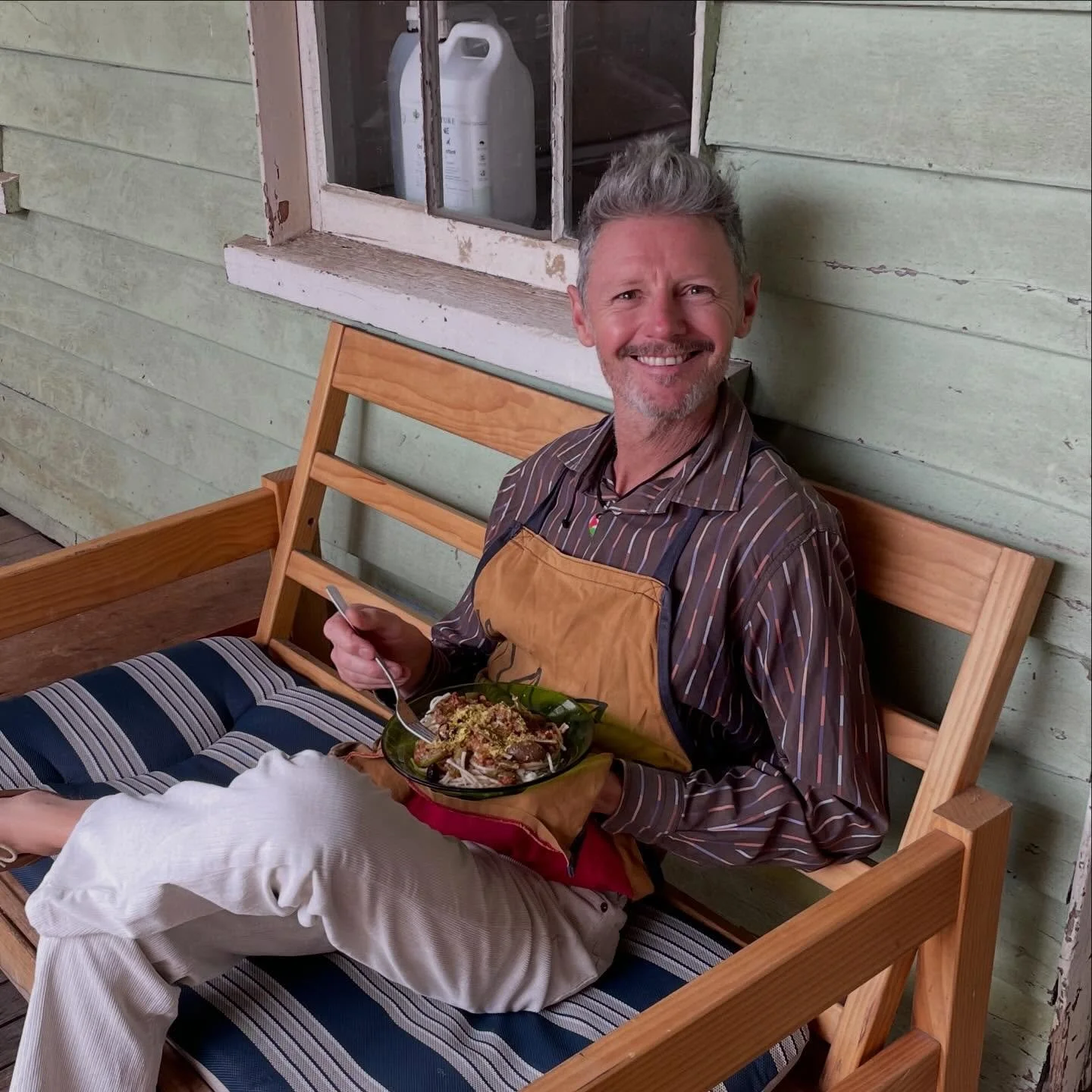 Bro has been working at Candelo Bulk Wholefoods for fifteen years and does 90% of his household and grocery shopping at the Bulkfoods. His lunch is organic spaghetti with a sauce of Mt Zero olives, Good Fish mackerel, Ceres Organic tomatoes, and garn