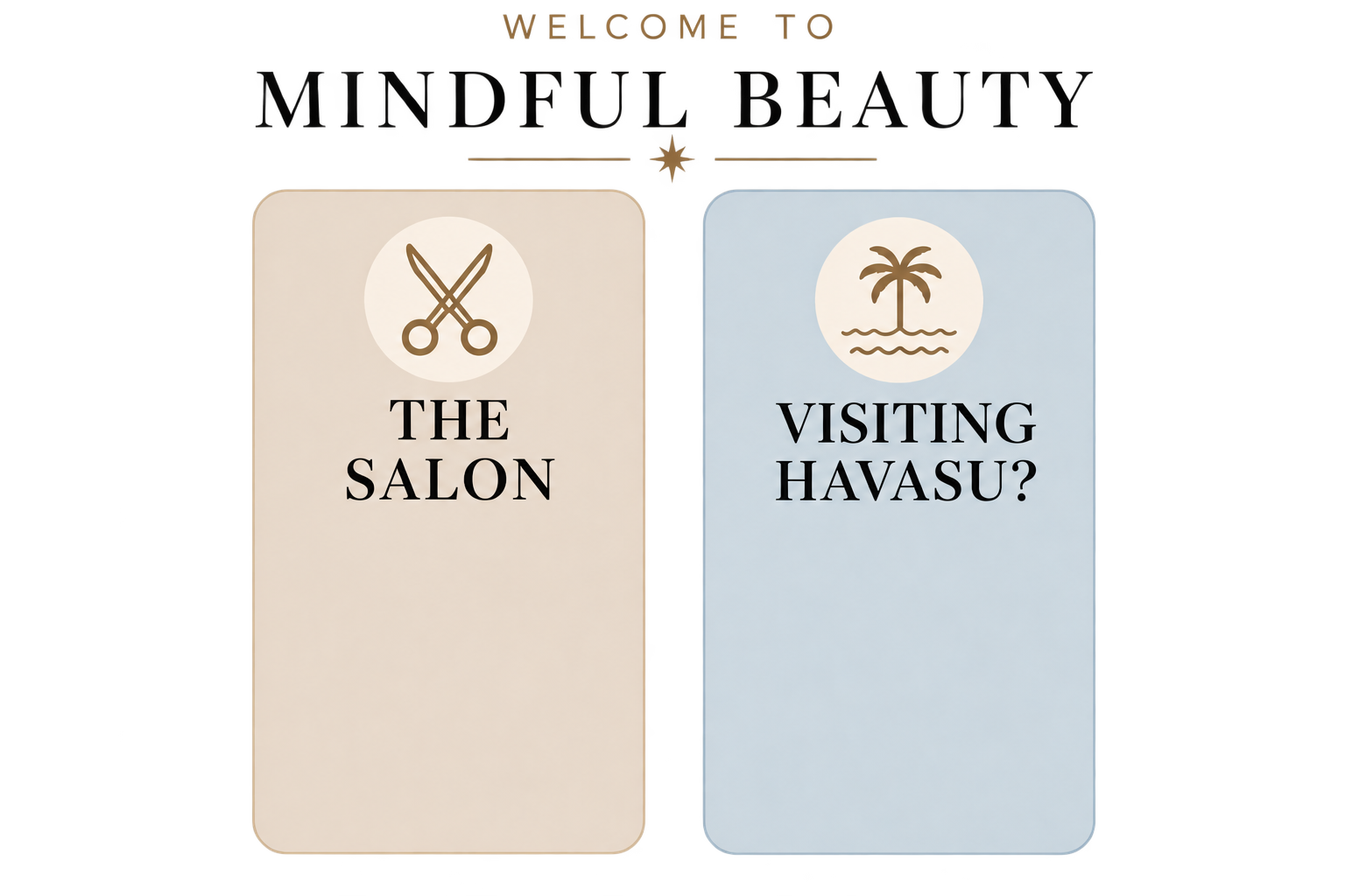 Sign with two sections: left side shows scissors icon and text 'The Salon', right side shows palm tree icon and text 'Visiting Havasu?'