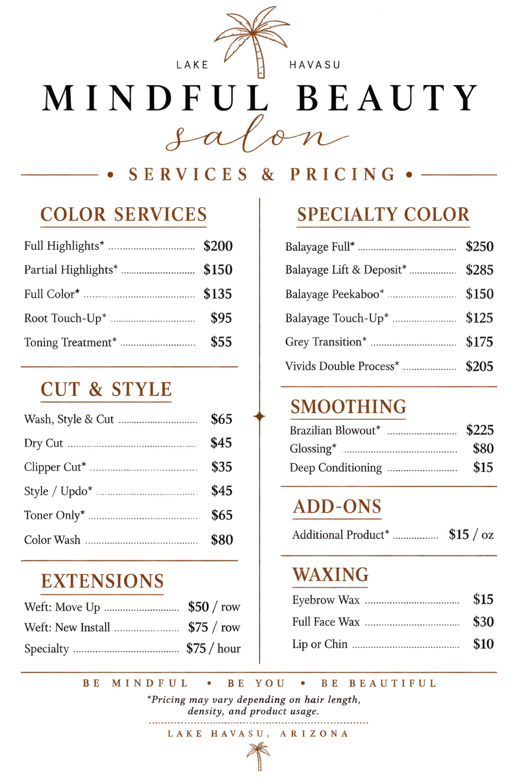 The image shows a salon menu for hair and beauty services at Lake Havasu, Arizona, listing various treatments including highlights, coloring, smoothing, extensions, waxing, and add-ons with prices.