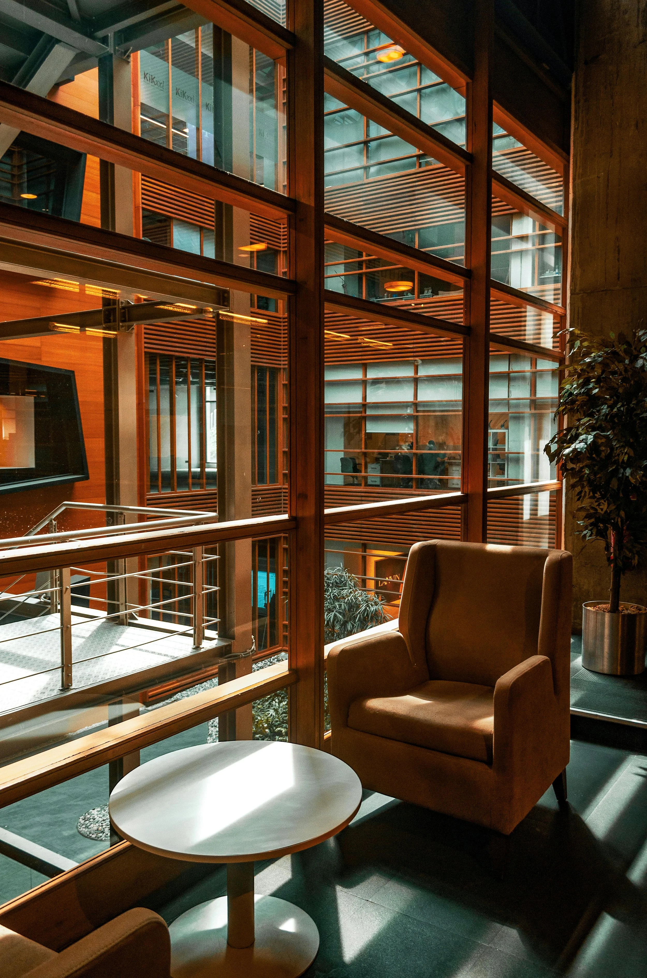 Warm commercial office interior with timber panelling, leather seating and indoor plants