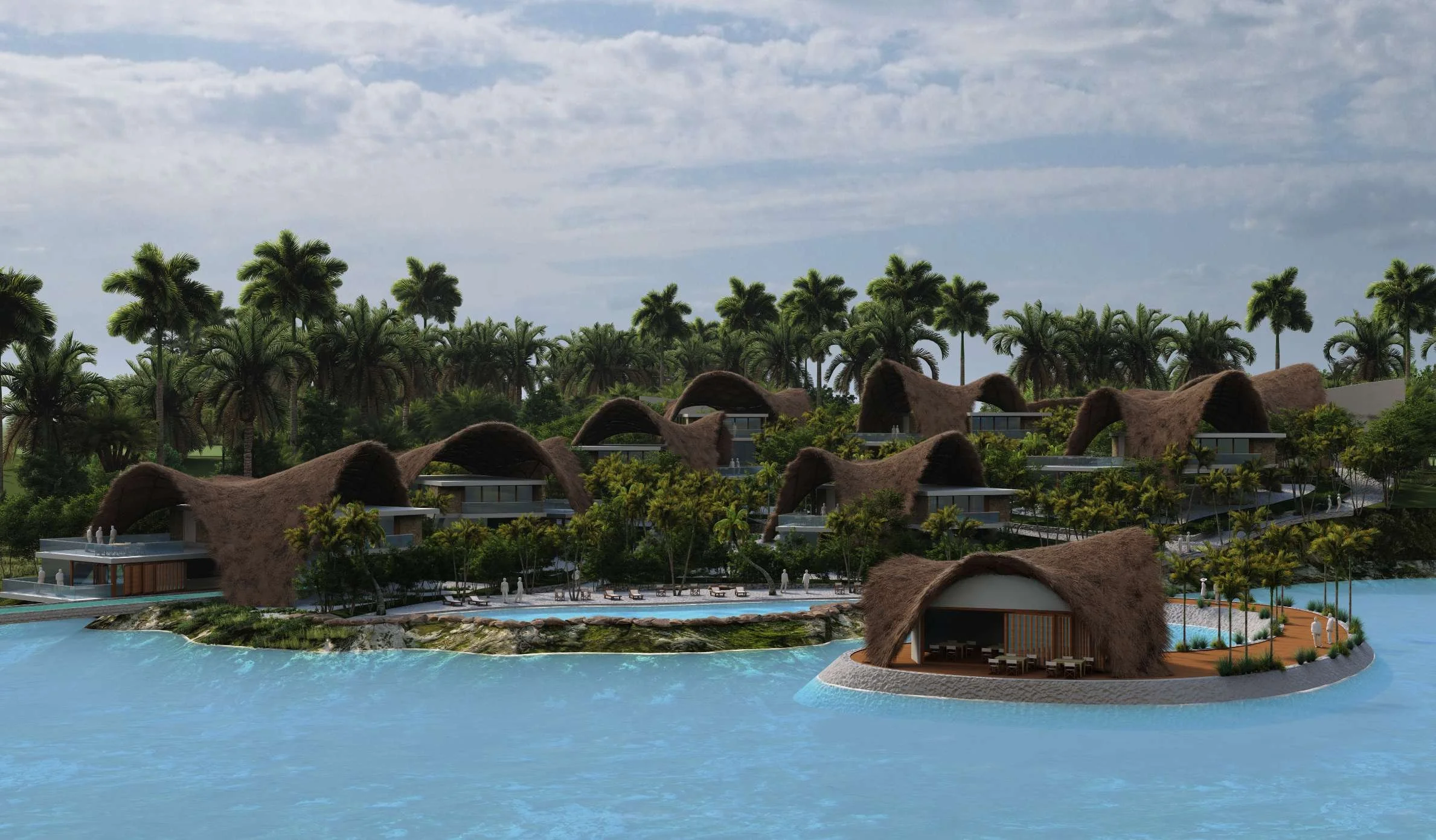 Resort complex with thatched roof buildings surrounded by palm trees and water.
