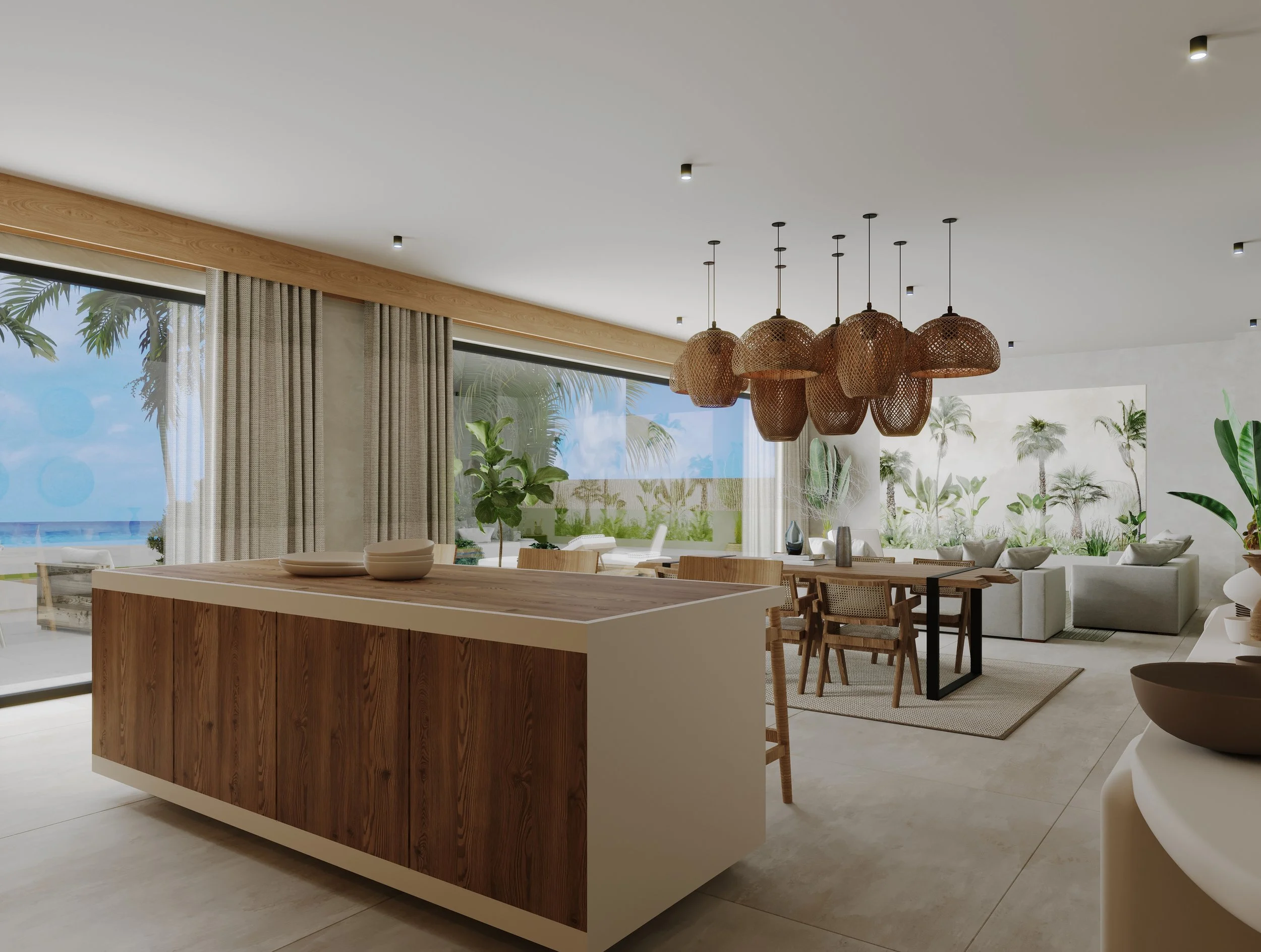 Modern tropical living room interior with wooden furniture, rattan pendant lights, large windows, and ocean view.