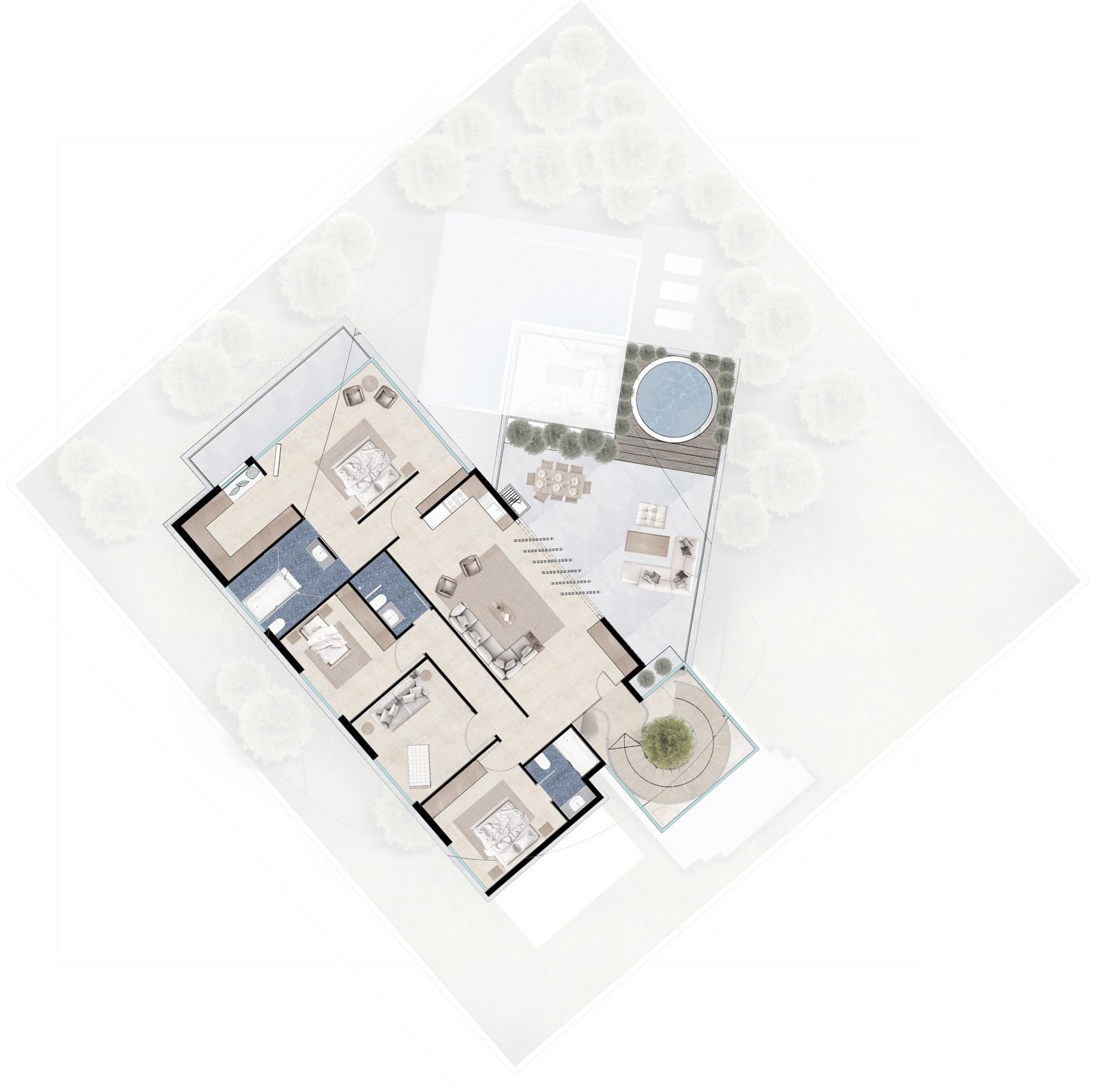 Architectural floor plan of a modern house with multiple rooms and an outdoor area including a pool and garden.