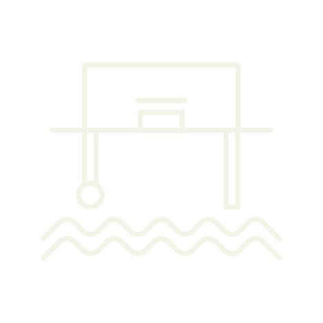 Minimalist outline of a building over water with a crane and hook