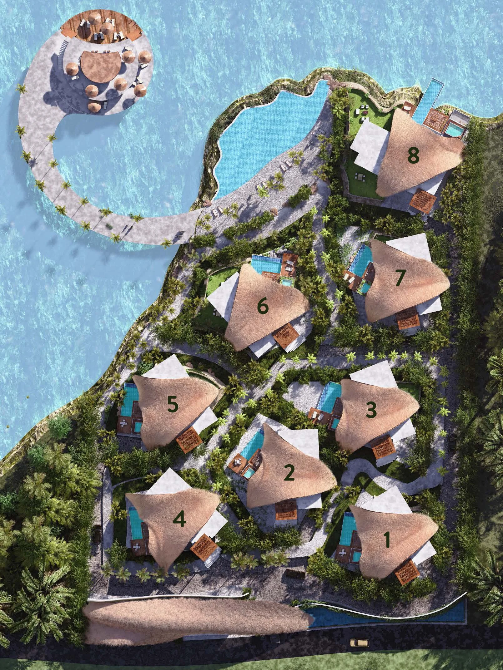 Aerial view of a luxury resort layout with eight bungalow-style villas, numbered 1 to 8, each with private pools, surrounded by lush greenery and pathways. A winding walkway leads to a circular overwater structure with seating, set in a blue water body.