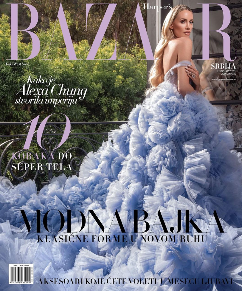 女星Kaki Swid穿著 SS20 紫色禮服 拍攝 Harper's Bazaar 雜誌封面