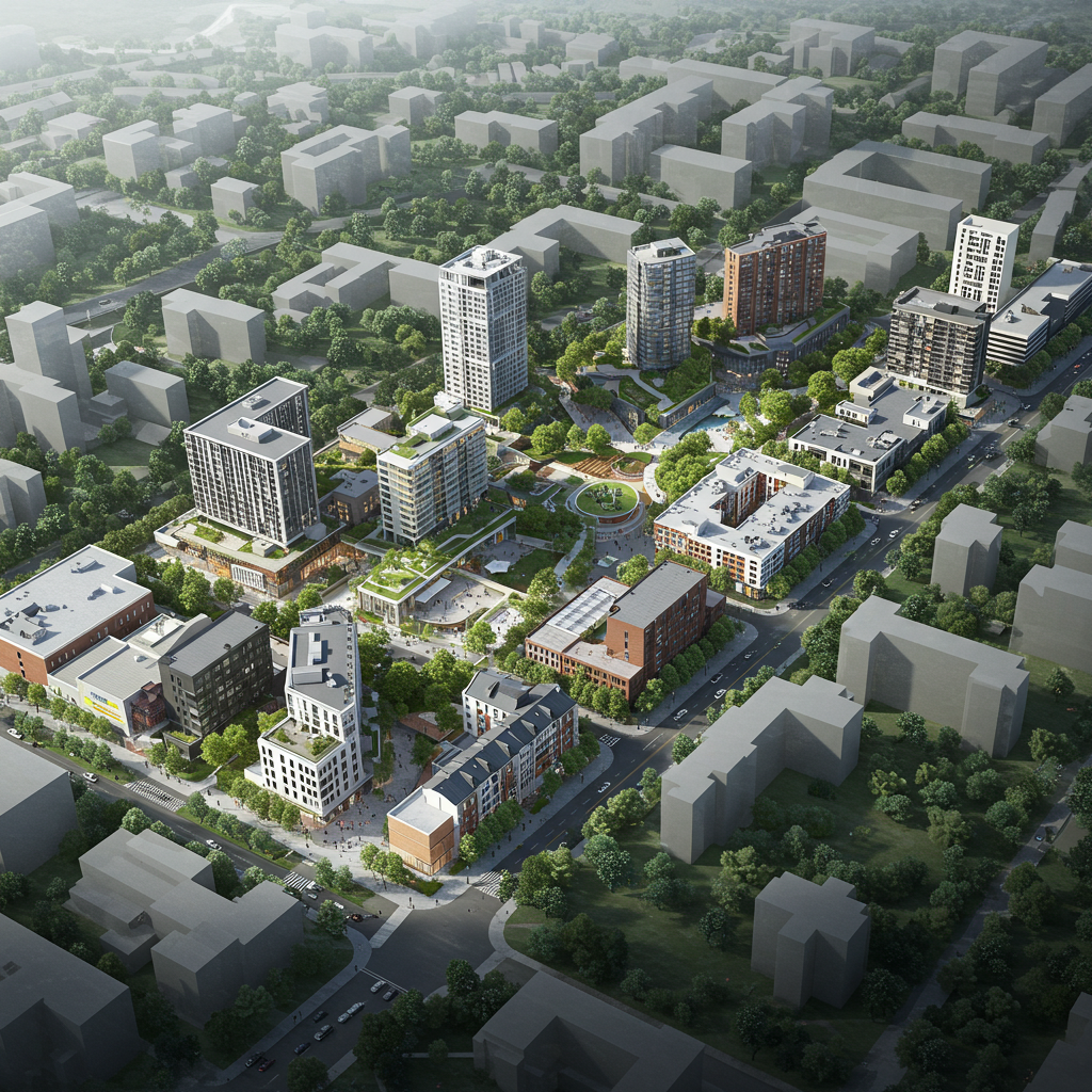 Aerial view of a modern urban development with high-rise buildings, green spaces, and surrounding trees. The area includes residential and commercial structures with a central courtyard or park.