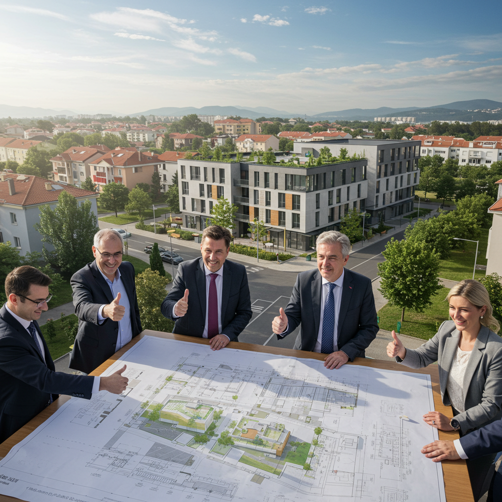Group of people in business attire giving thumbs up around architectural blueprints on a rooftop with modern buildings and greenery in the background.