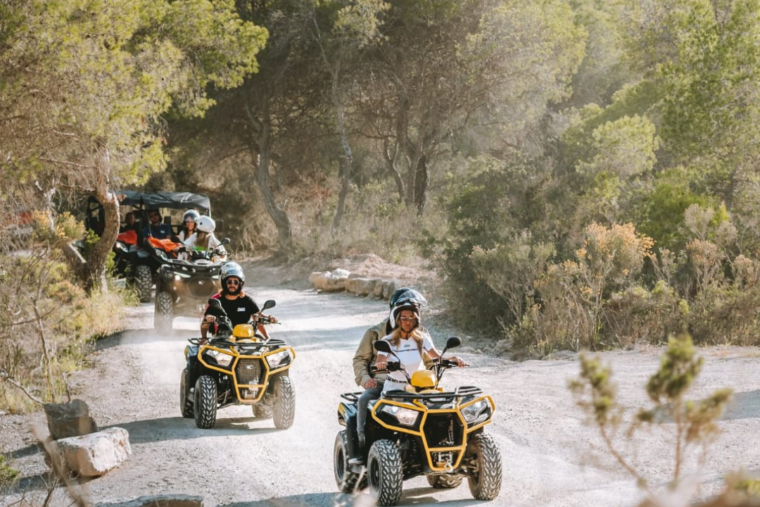 Group riding ATVs on a forest trail