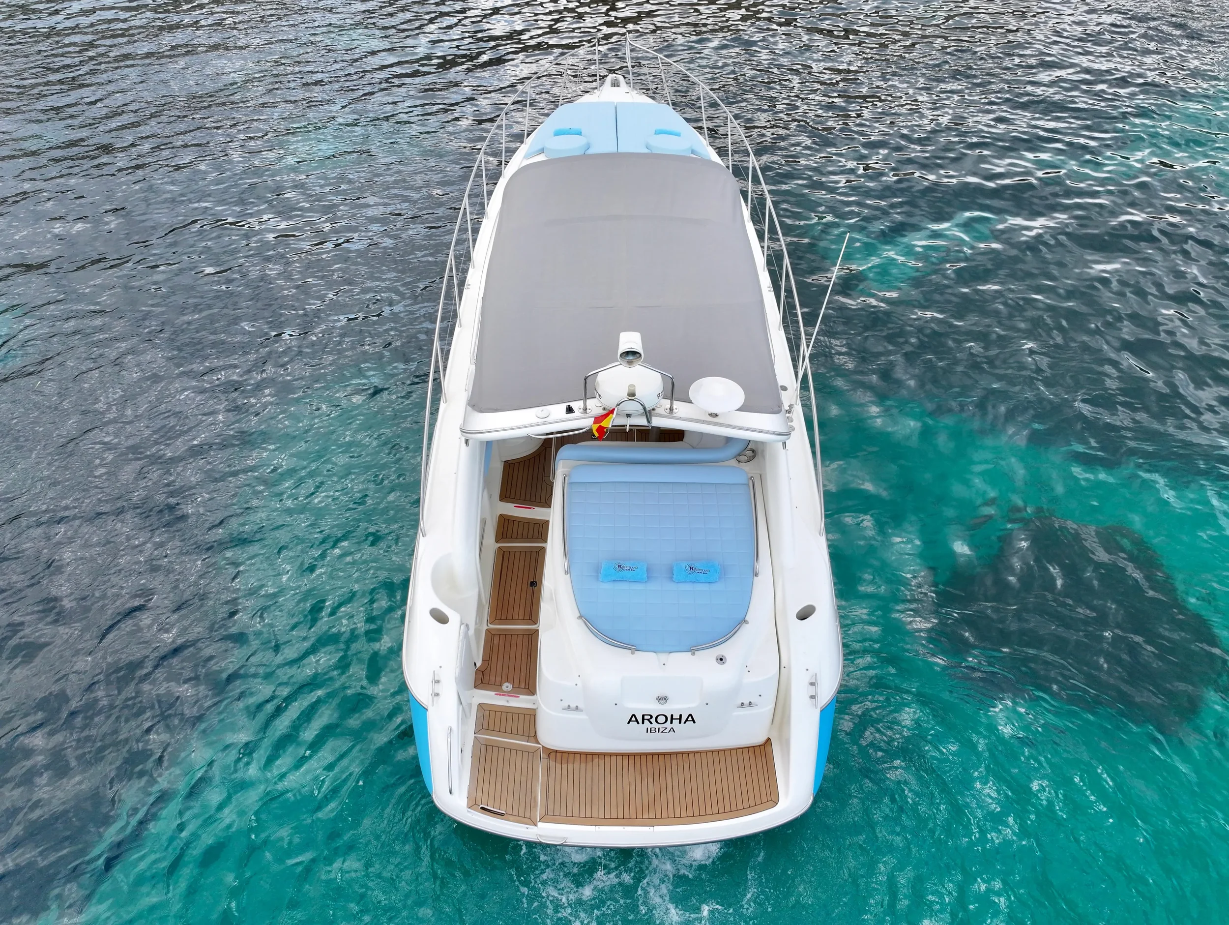 Cranchi Endurance 39 Aroha Ibiza seen from above over turquoise Ibiza water