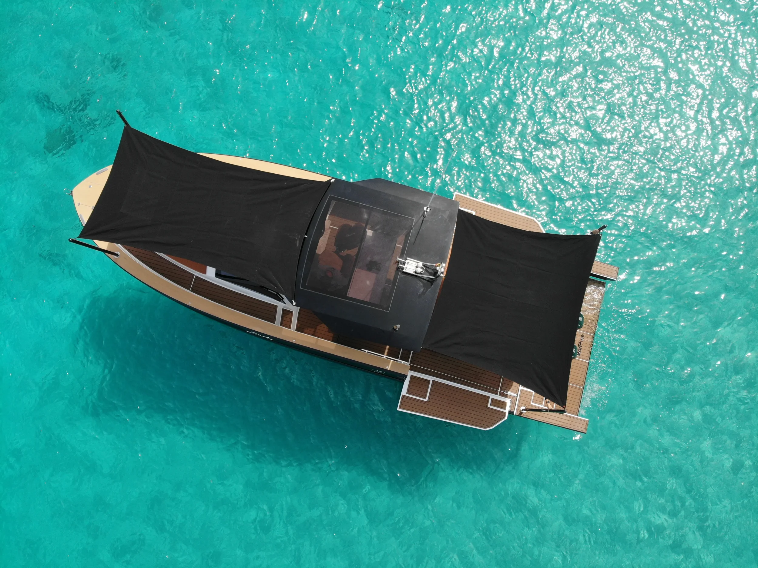 Fiart 35 Martone overhead rear angle showing sunbeds and cockpit area