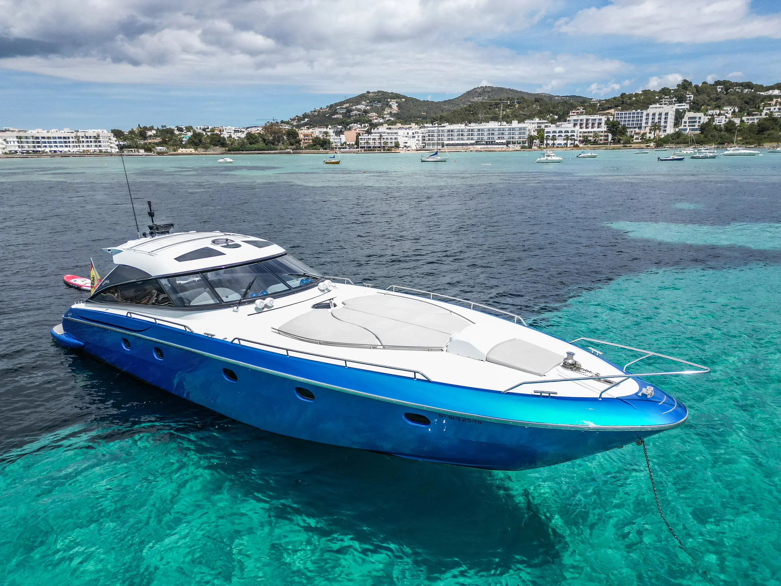 Baia 54 Surreal viewed from an elevated angle drifting calmly in crystal clear Ibiza sea.