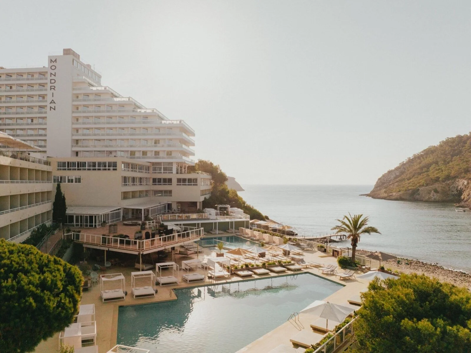 Coastal resort hotel with swimming pool, palm tree, and sea view under clear sky.